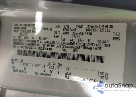 2017 Ford Escape Se from USA, damaged, VIN 1FMCU0GD2HUC37339